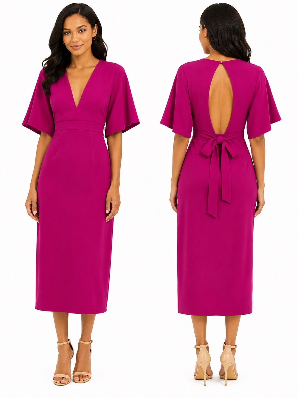 Flutter-Sleeve Magenta Midi Dress with Back Tie